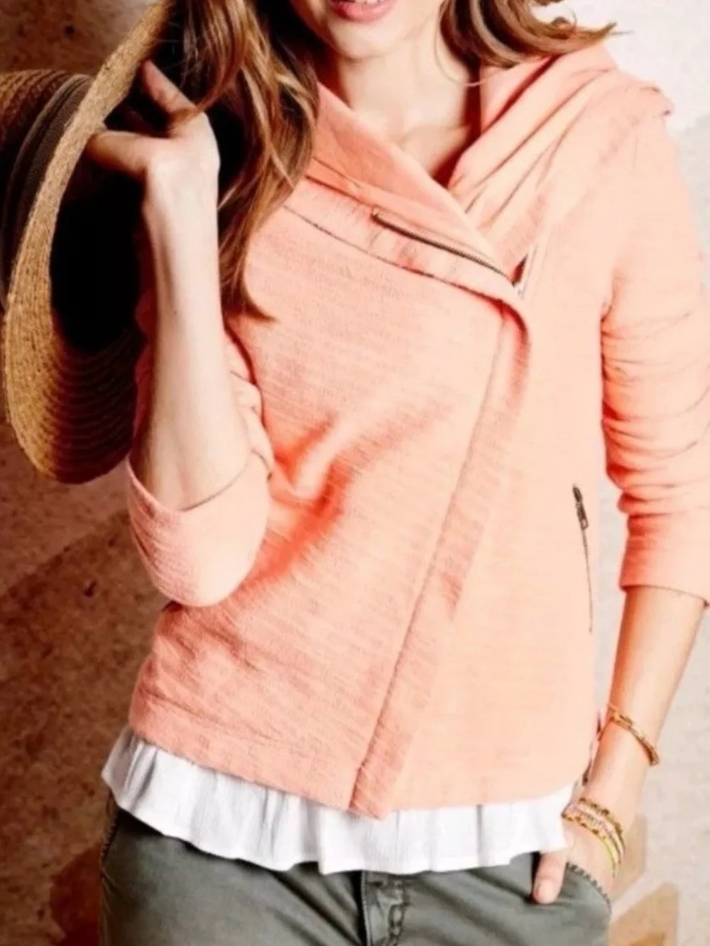 Anthropologie Saturday Sunday Asymmetrical Zip Hoodie Jacket Coral Large
